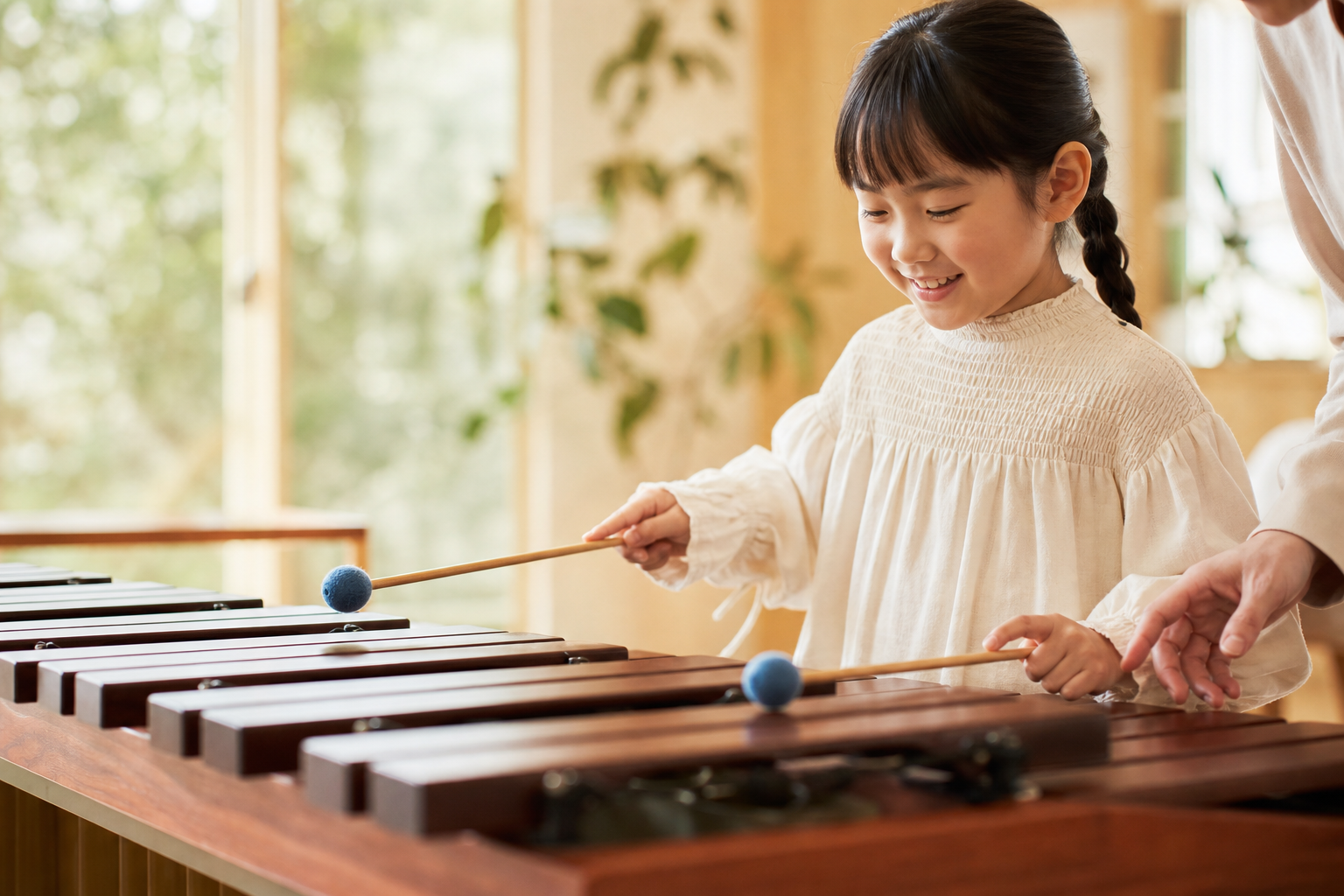 マリンバを楽しそうに演奏する子ども