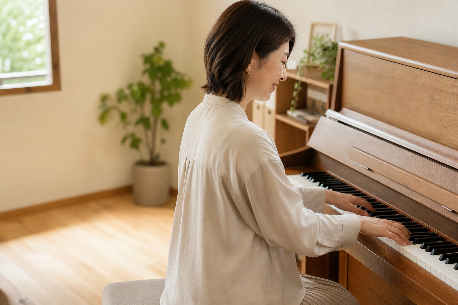 アップライトピアノを演奏する大人の生徒